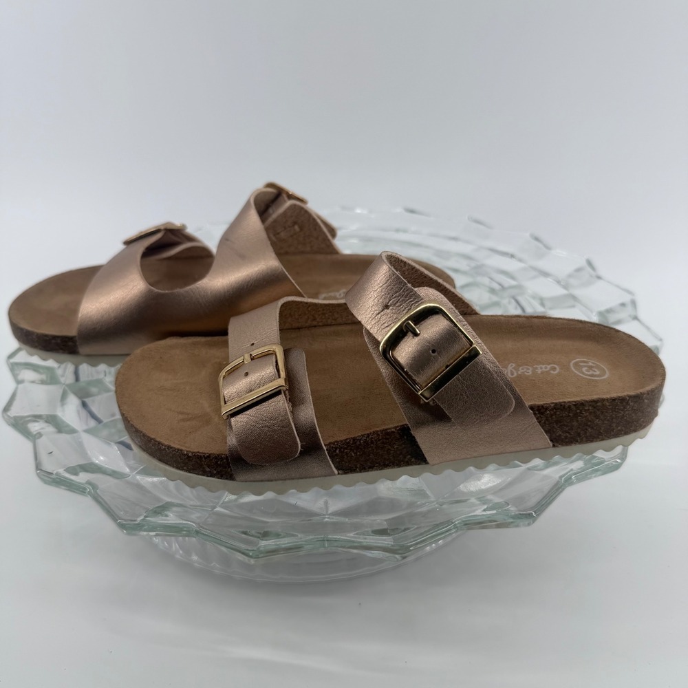 Cat & Jack Girls Rose Gold Metallic Double Strap Slide Sandals Size 13 NEW
